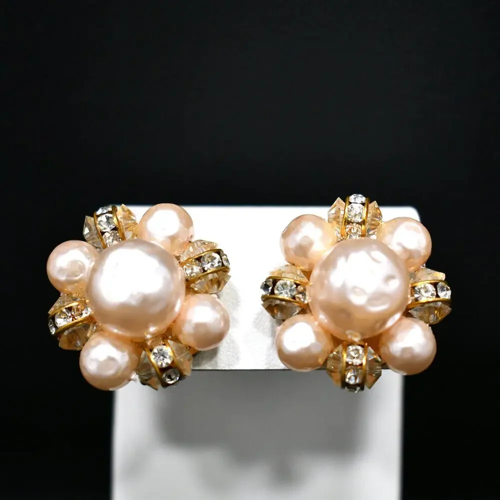 Vintage Lisner Pink Faux Pearl Rhinestone Earrings, Clip-On, Mid-Century, 1950s